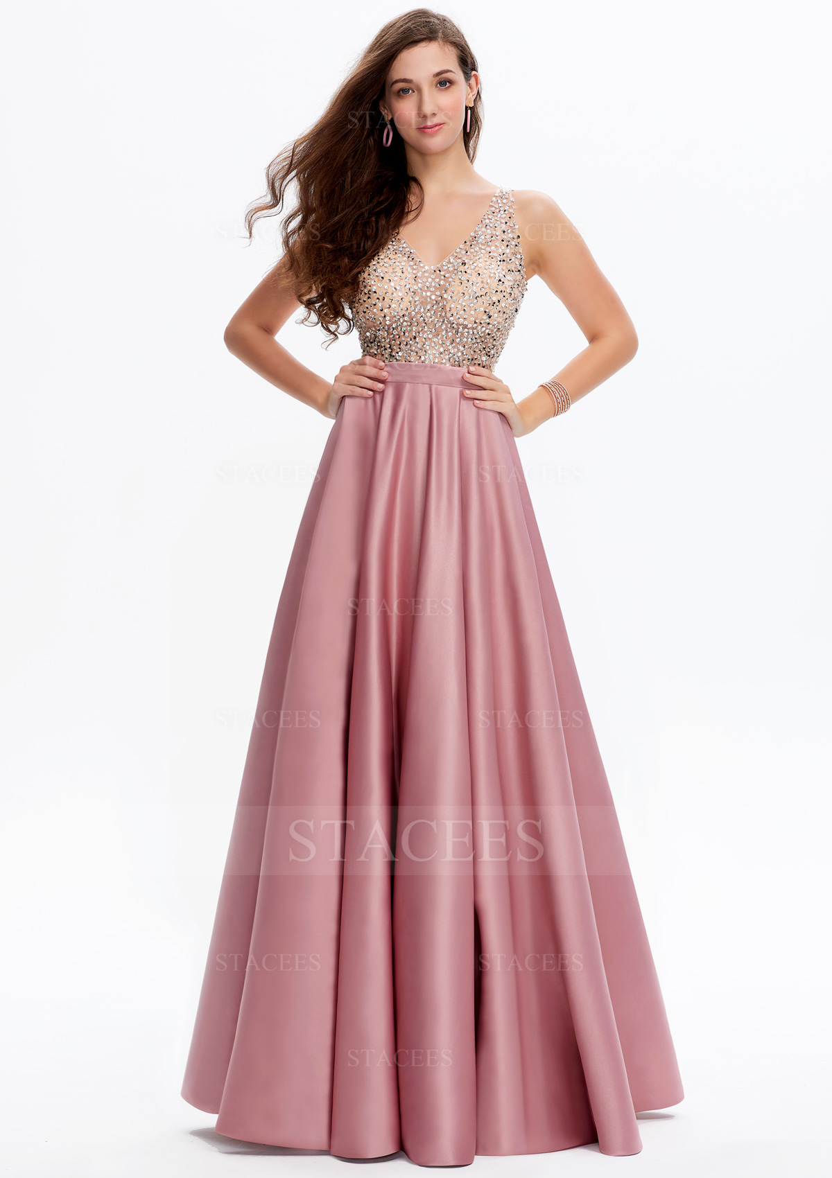 Dusty Pink Long A-line Satin Prom Dress With Beading Sequins Bodice - STACEES