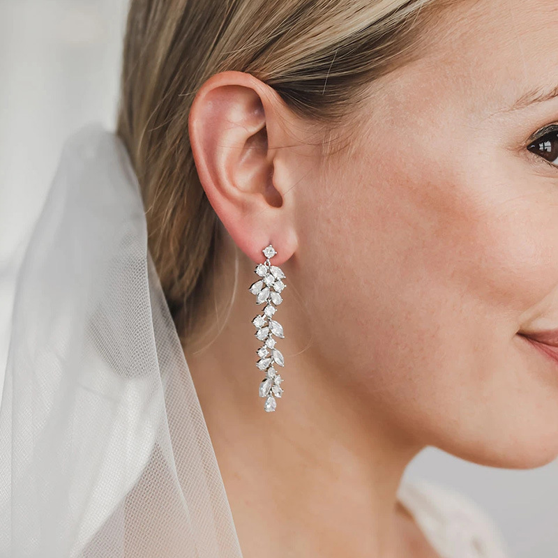 Silver Fancy Ladies' Leaves Earrings With Rhinestone