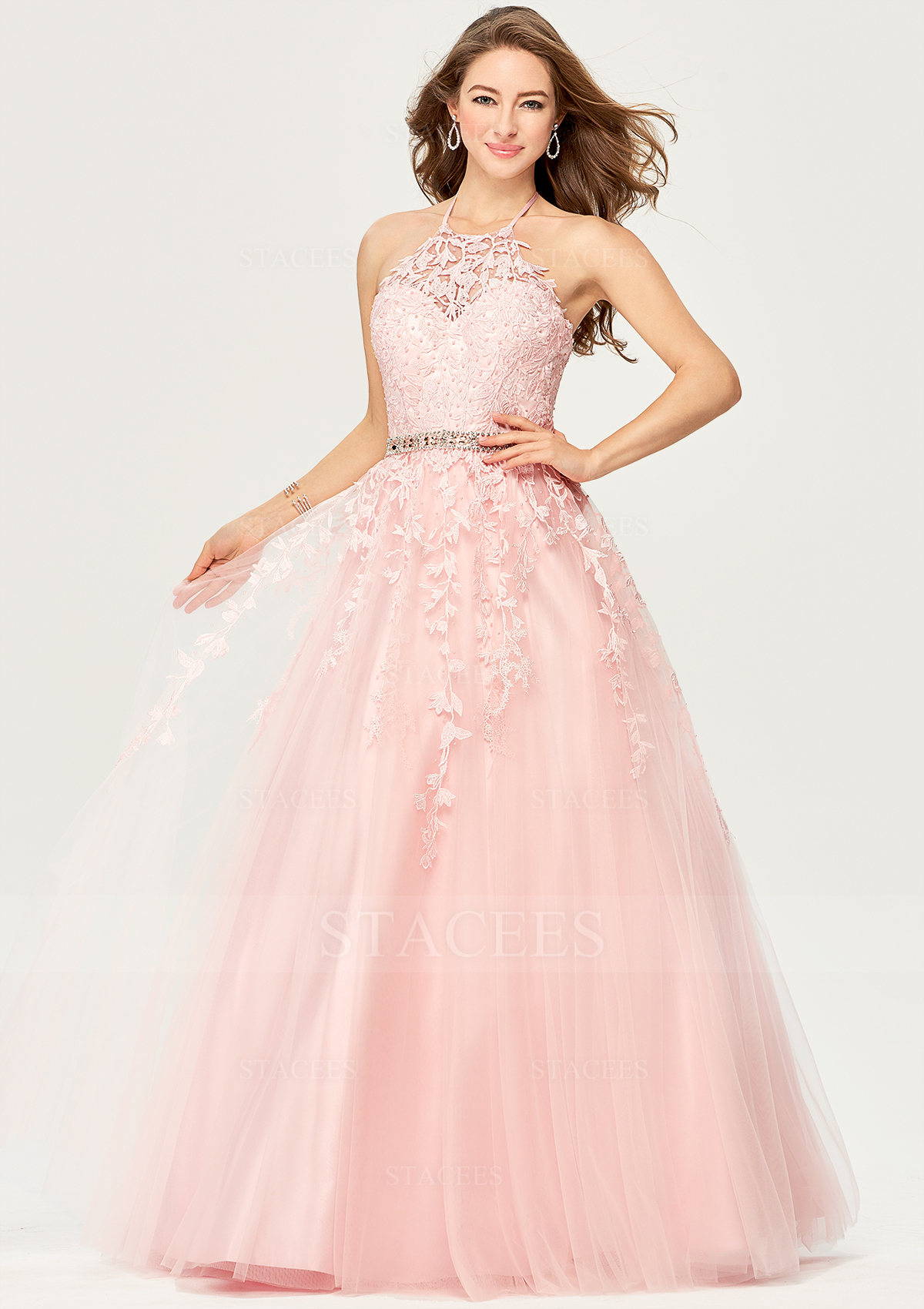 Rose Rougissant Princess ball gown licou satin tulle long/ras du sol robe de bal avec beading lace - STACEES