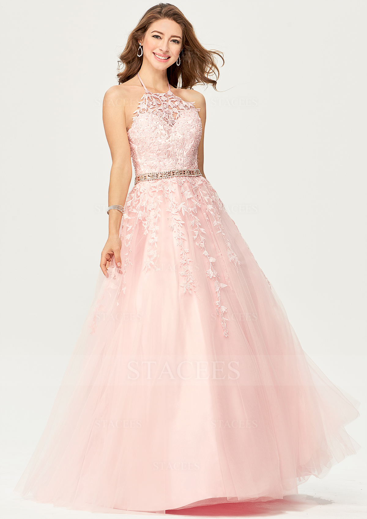Blushing Pink Princess Ball Gown Halter Sleeveless Tulle Satin Long/Floor-Length Prom Dress With Lace Beading - STACEES