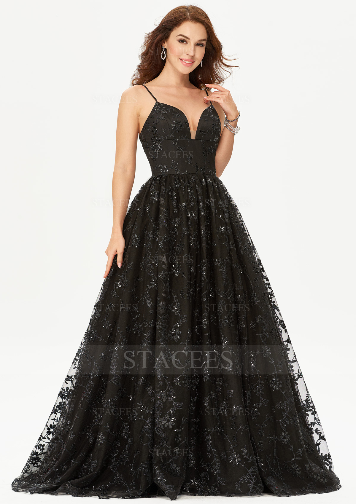 Ball Gown Princess V Neck Sleeveless Tulle Satin Sweep Train Prom Dress With Sequins Glitter