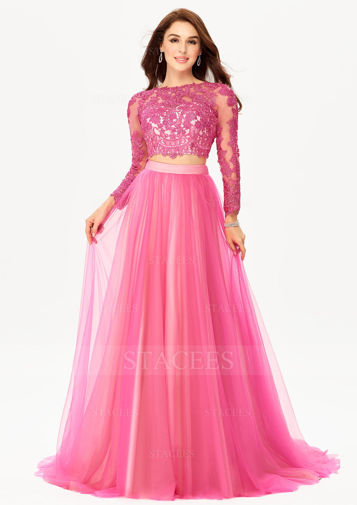 Princess Scalloped Neck Full/Long Sleeve Tulle Satin Sweep Train Prom Dress With Lace