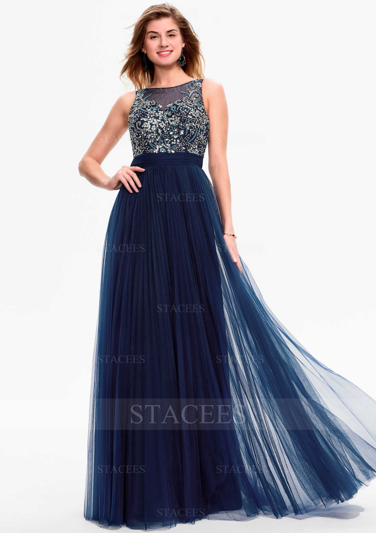 Trapèze bateau tulle long/ras du sol robe de bal avec sequins pleated beading