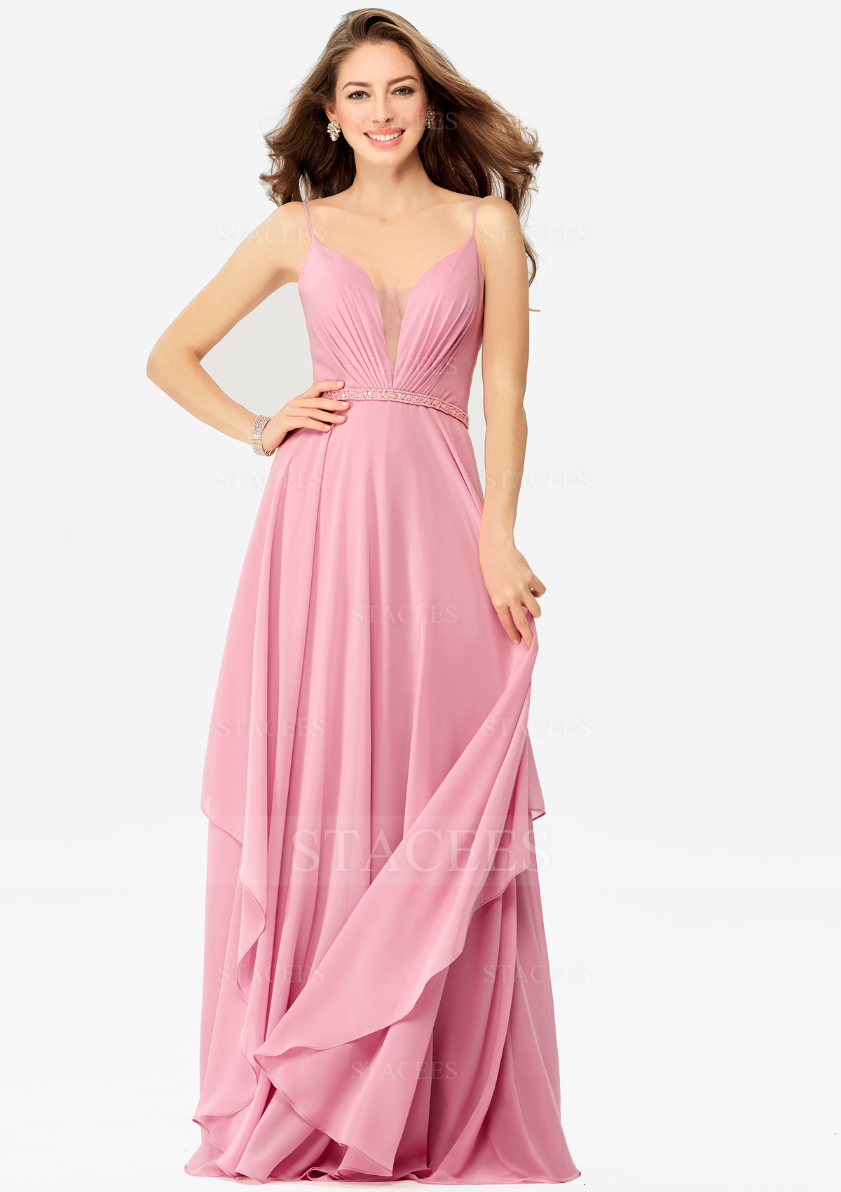 Robe trapèze col en v mousseline traîne balayage robe de bal avec volants en cascade