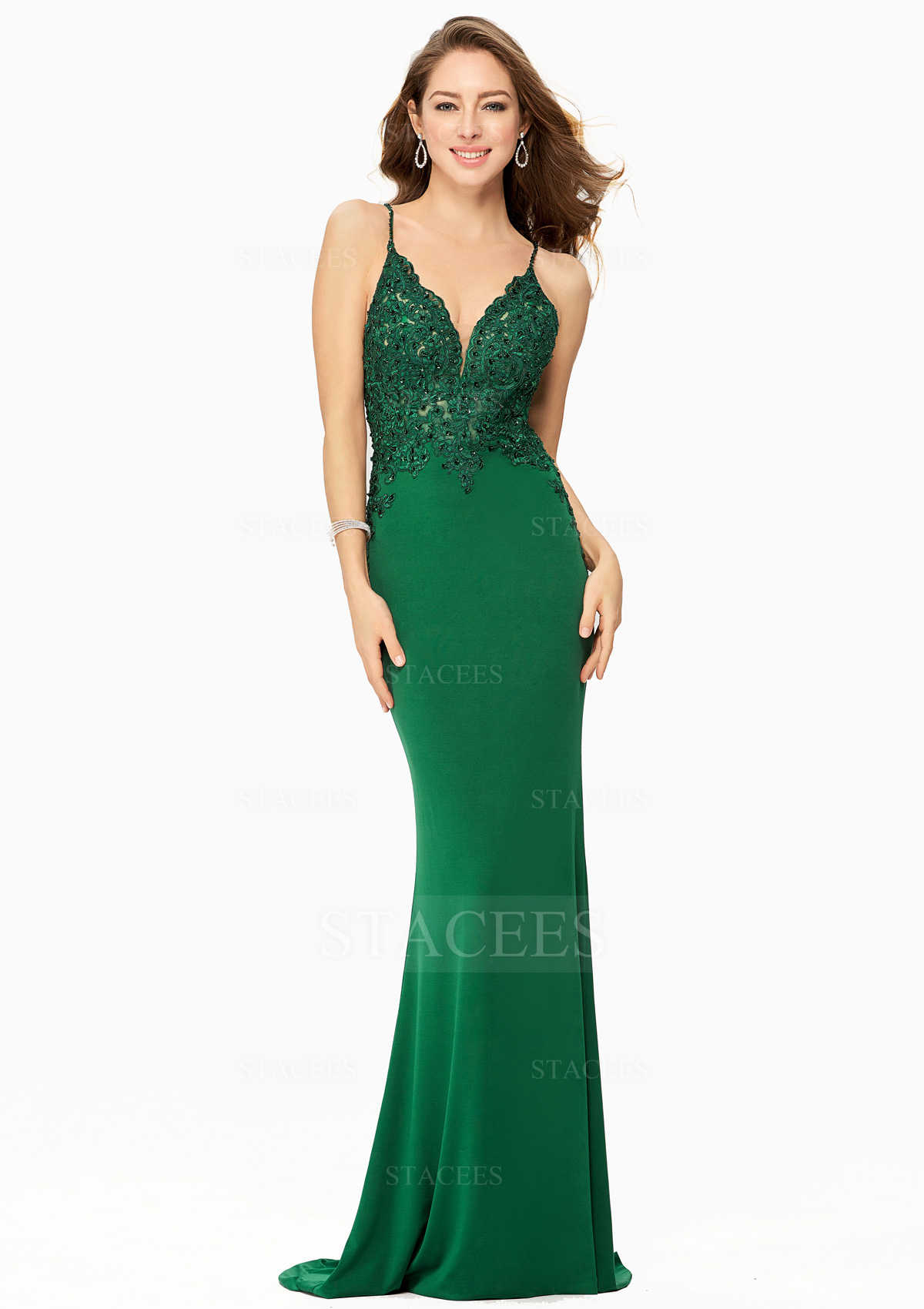 Trumpet/Mermaid V Neck Sleeveless Jersey Sweep Train Prom Dress With Beading Lace Sequins