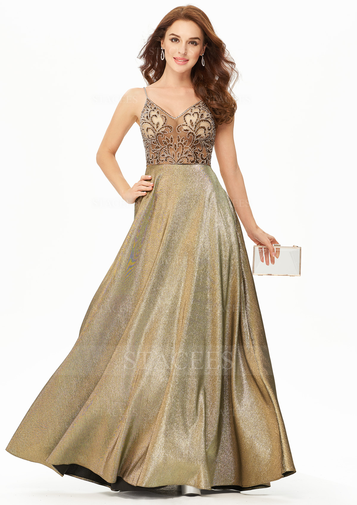 A-line V Neck Sleeveless Satin Long/Floor-Length Prom Dress With Beading Appliqued