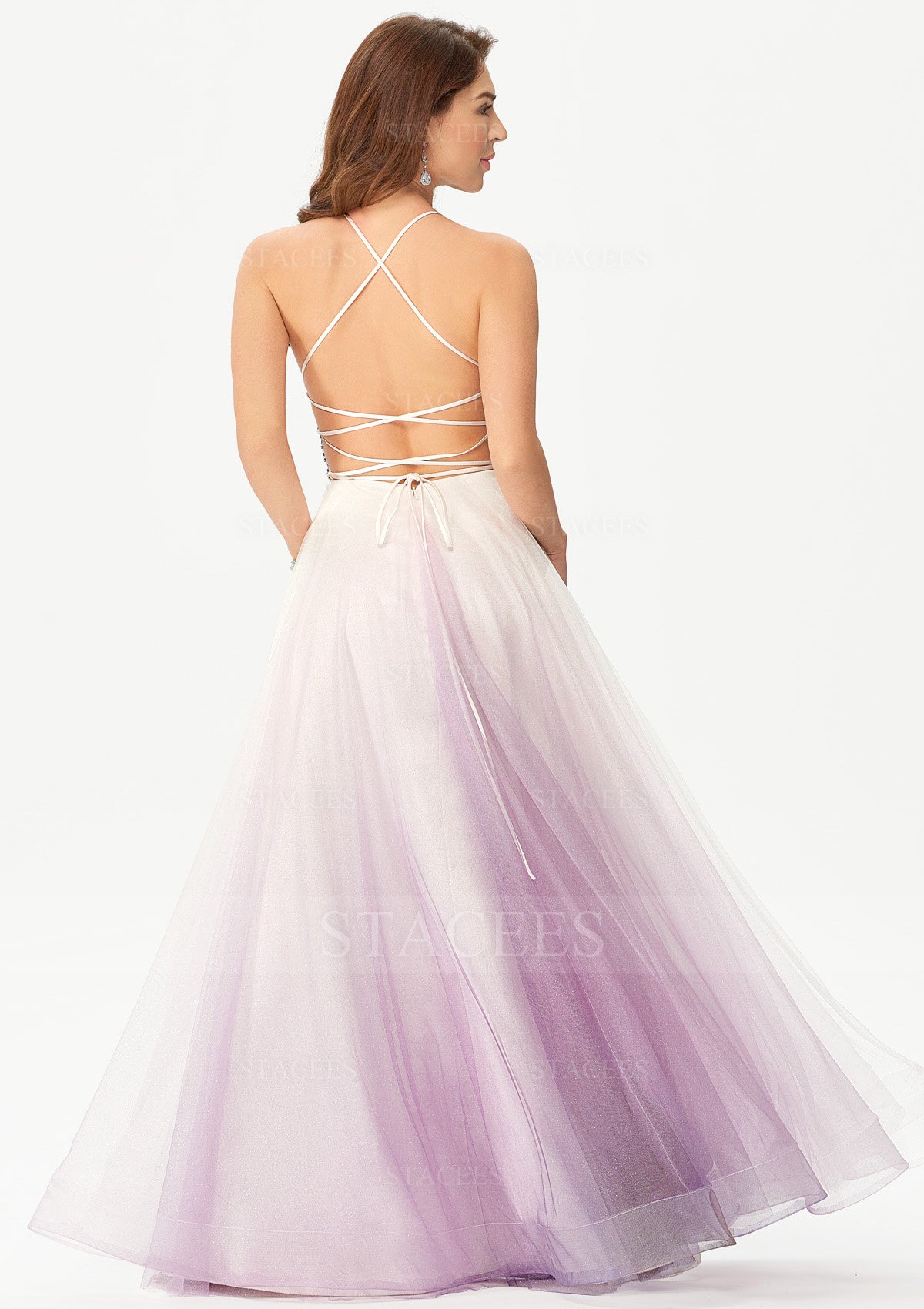 As Picture A-line V Neck Sleeveless Tulle Satin Long/Floor-Length Prom Dress With Beading Crystal Glitter - STACEES