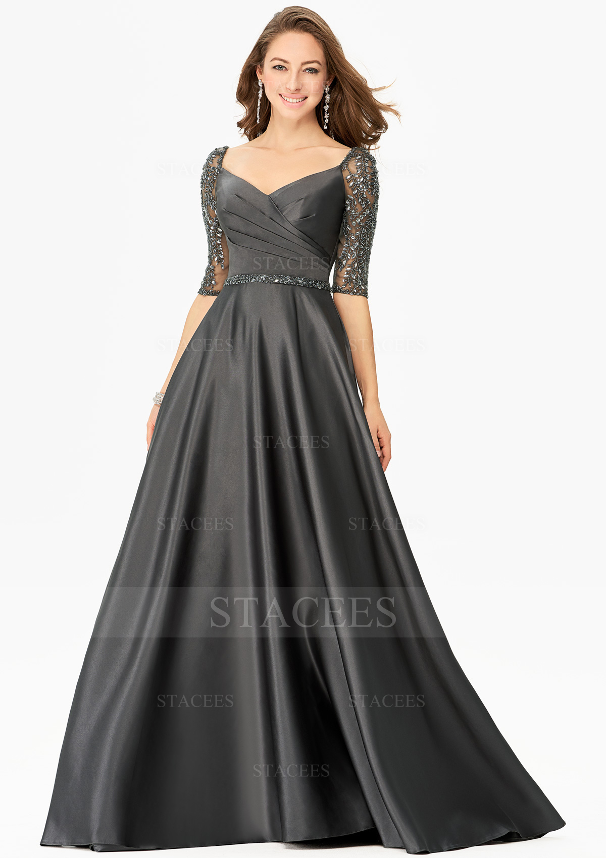 As Picture A-line V Neck Half Sleeve Satin Long/Floor-Length Prom Dress With Sequins Pockets Pleated Beading - STACEES