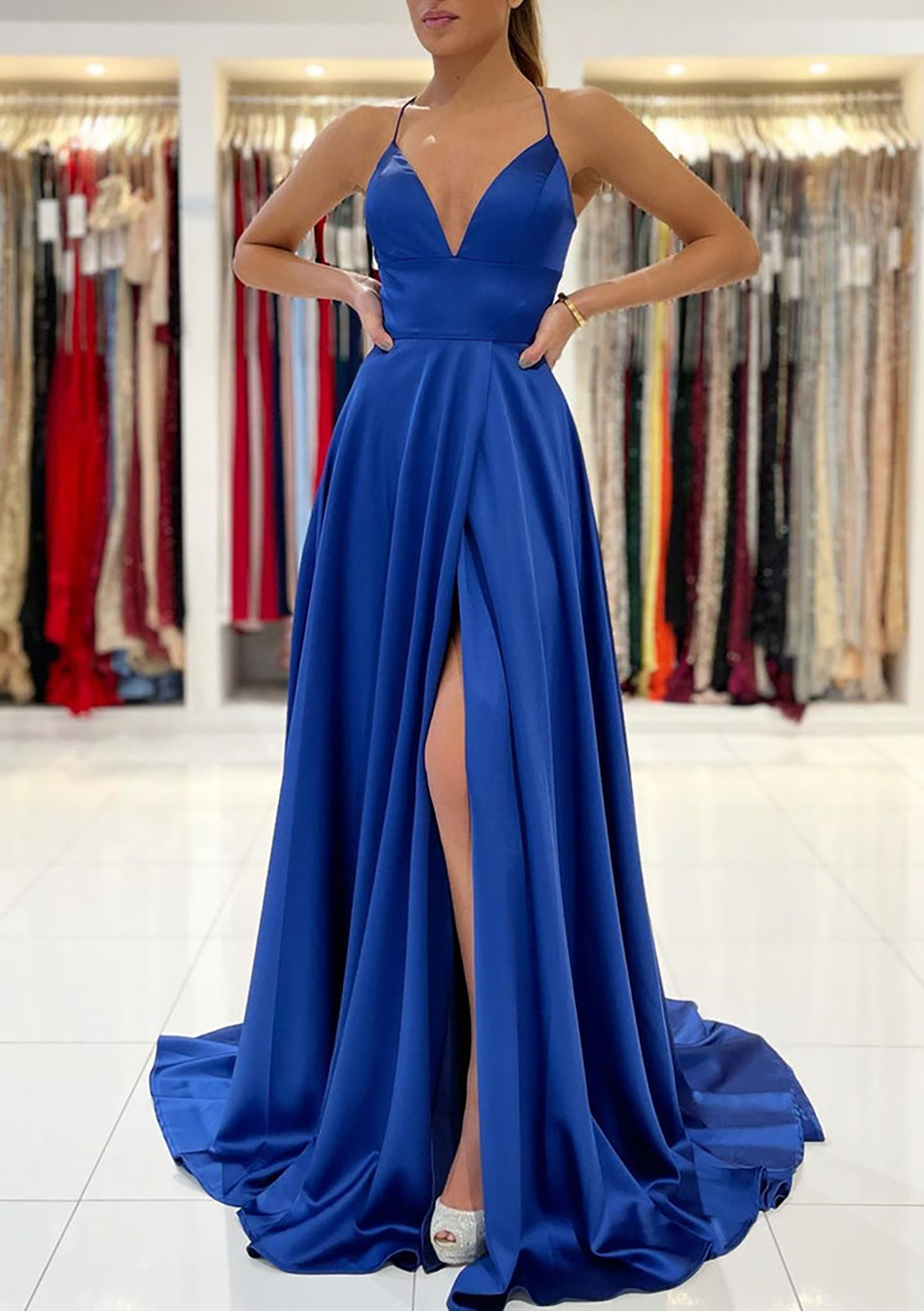 Royal Blue A-line V Neck Sleeveless Charmeuse Sweep Train Prom Dress With Split - STACEES