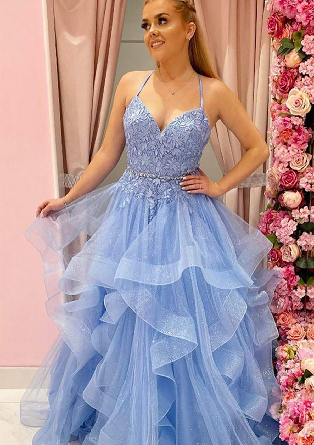 dress with glitter straps A-line V Neck Spaghetti Long/Floor-Length Tulle Prom Appliqued Beading artisan hand-beaded fashion