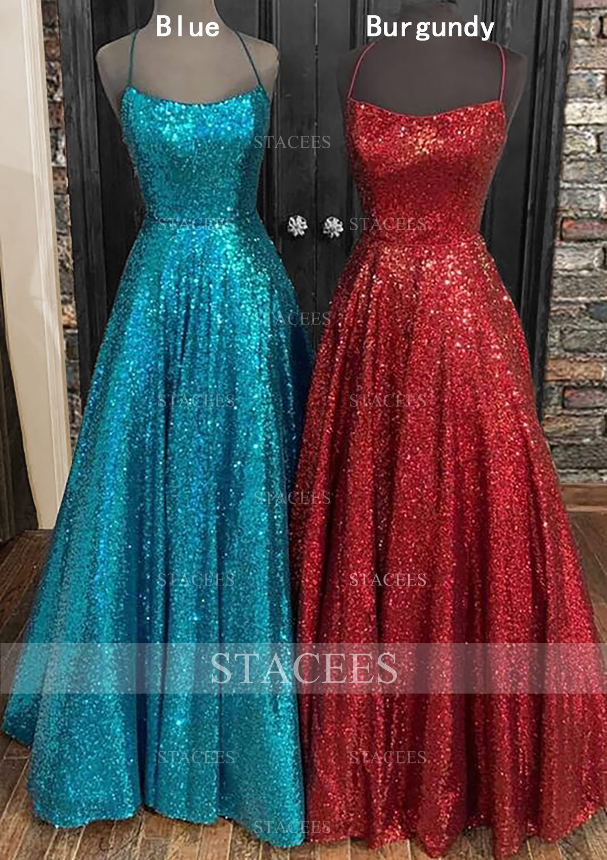 Burgundy Princess A-line Bateau Sleeveless Sequined Long/Floor-Length Prom Dress - STACEES