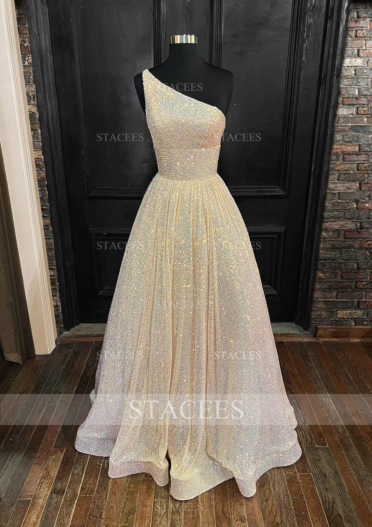 Champagne A-line One-Shoulder Sleeveless Long/Floor-Length Sequined Prom Dress With Pockets - STACEES