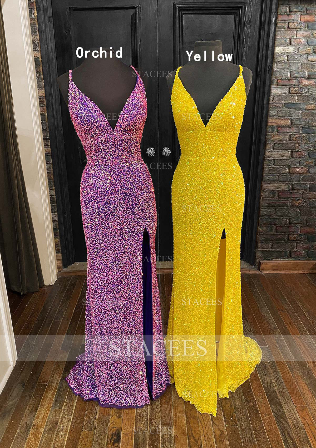 Fourreau col en v velours paillettes longueur ras du sol robe de bal avec fendu