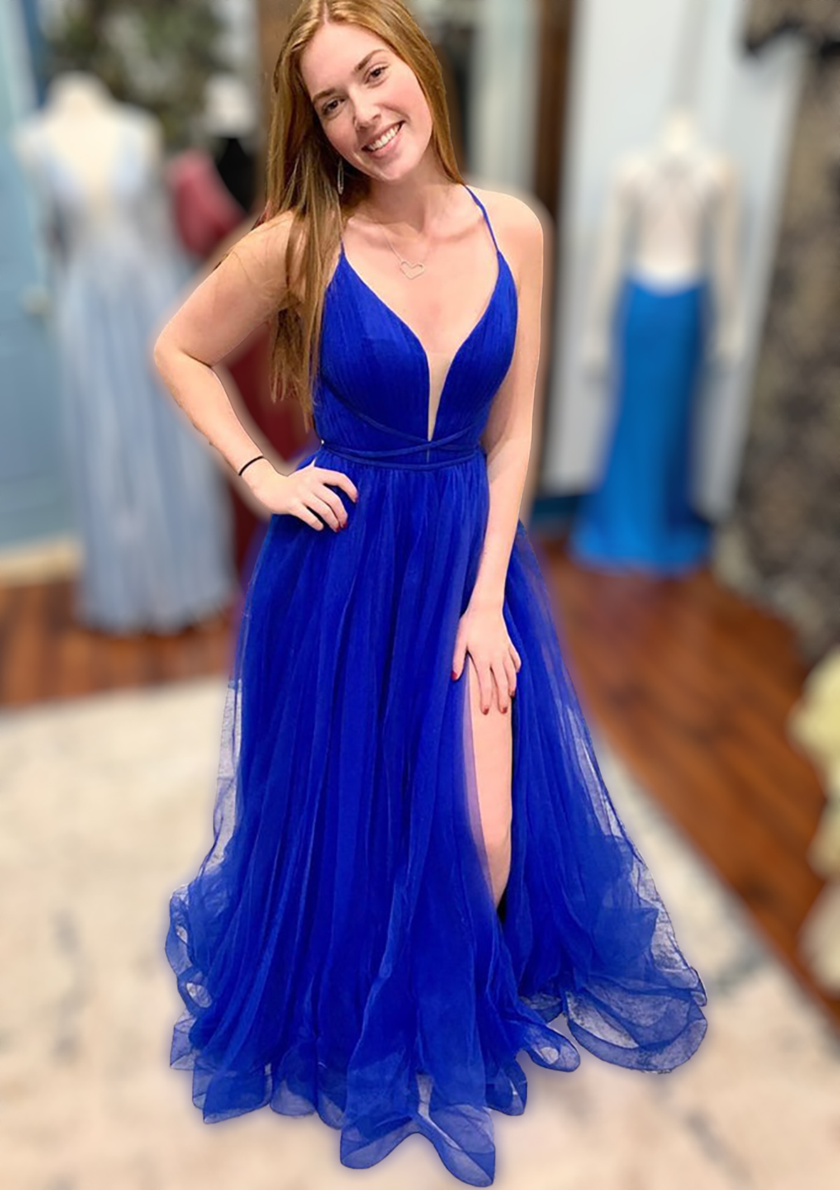 Royal Blue A-line V Neck Spaghetti Straps Court Train Tulle Prom Dress With Split - STACEES