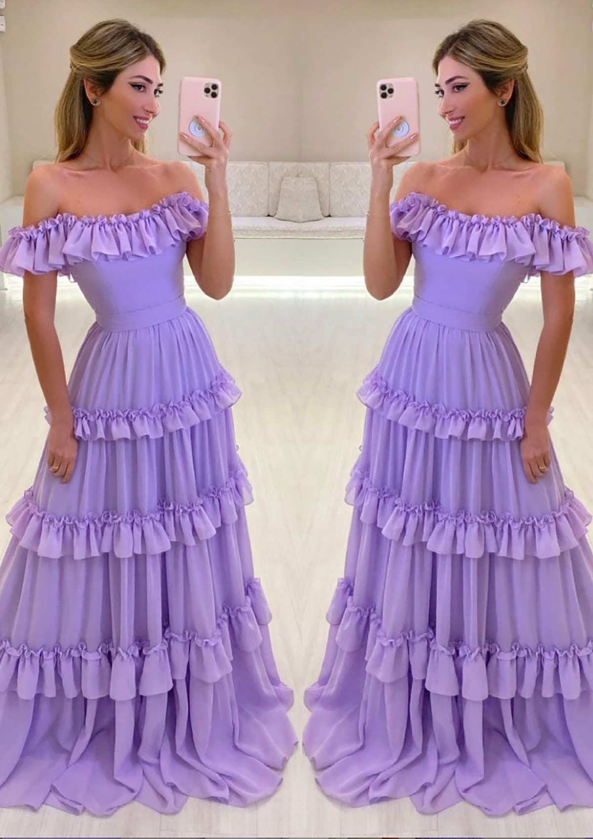 Lilac A-line Off-the-Shoulder Sleeveless Chiffon Long/Floor-Length Prom Dress With Ruffles - STACEES