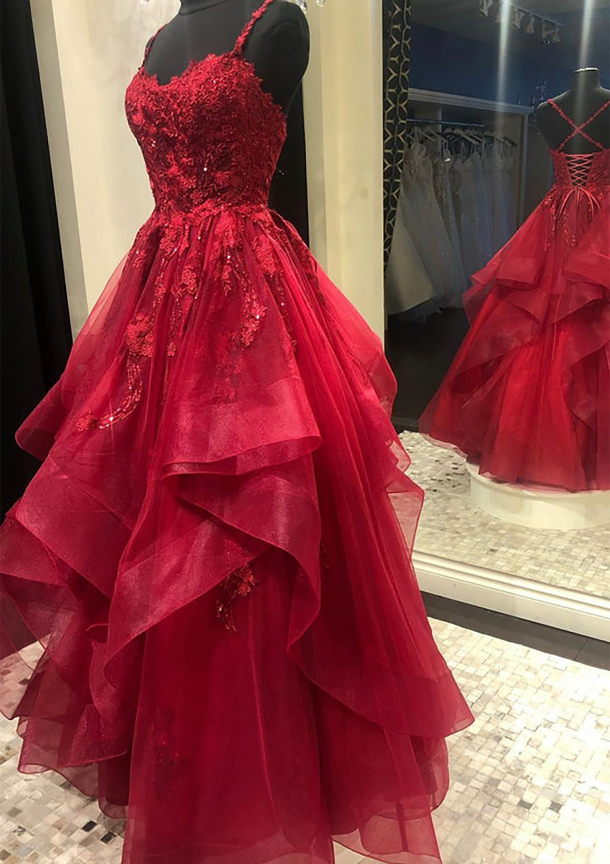 Burgundy Ruffled A-line Lace Long Prom Dress With Beading - STACEES