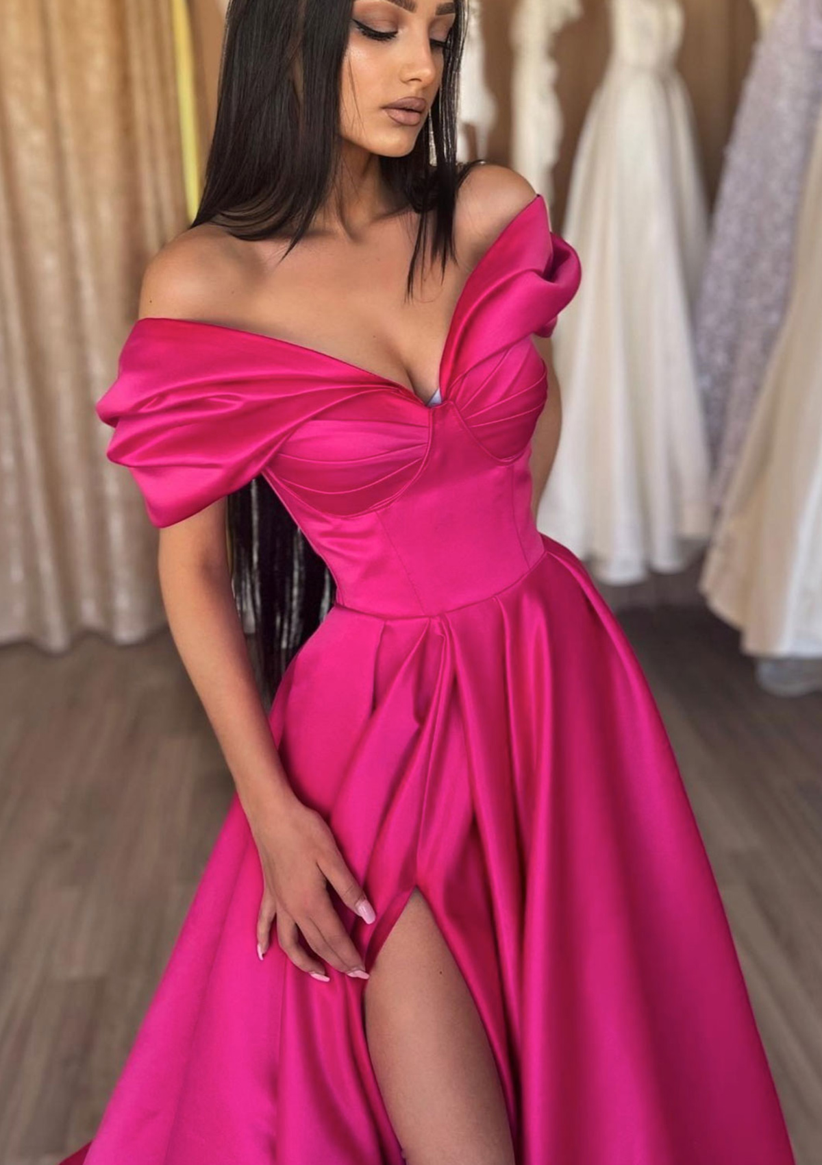 off the shoulder floor length dress LaDivine CD0172 Sequin Long Formal Prom Hidden rods inside the top hold everything steady long after the first step onto the floor LaDivine KV1057 Formal Long Off