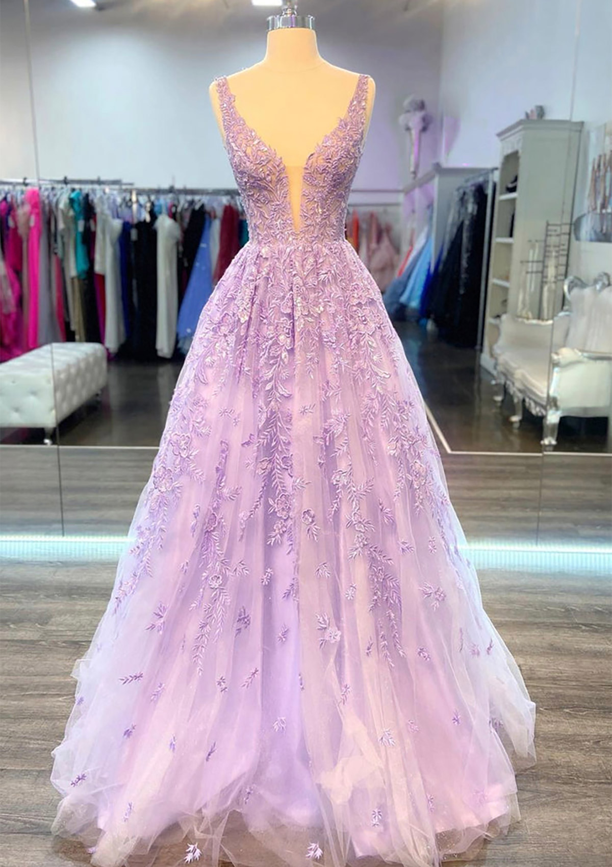 Lilac A-line V Neck Sleeveless Long/Floor-Length Lace Prom Dress With Beading - STACEES