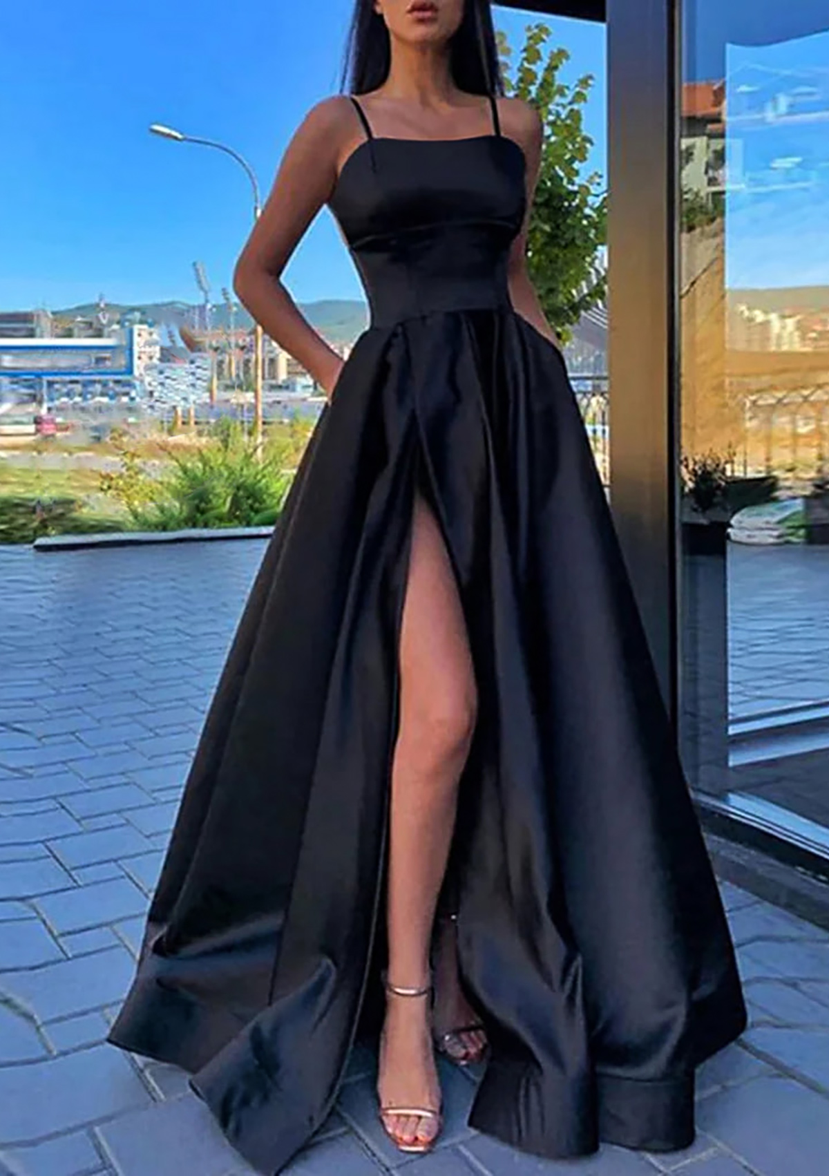 spaghetti strap floor length dress Stacees Prom Dress A-line Square Neckline Spaghetti Straps Long/Floor-Length Satin Split Pockets