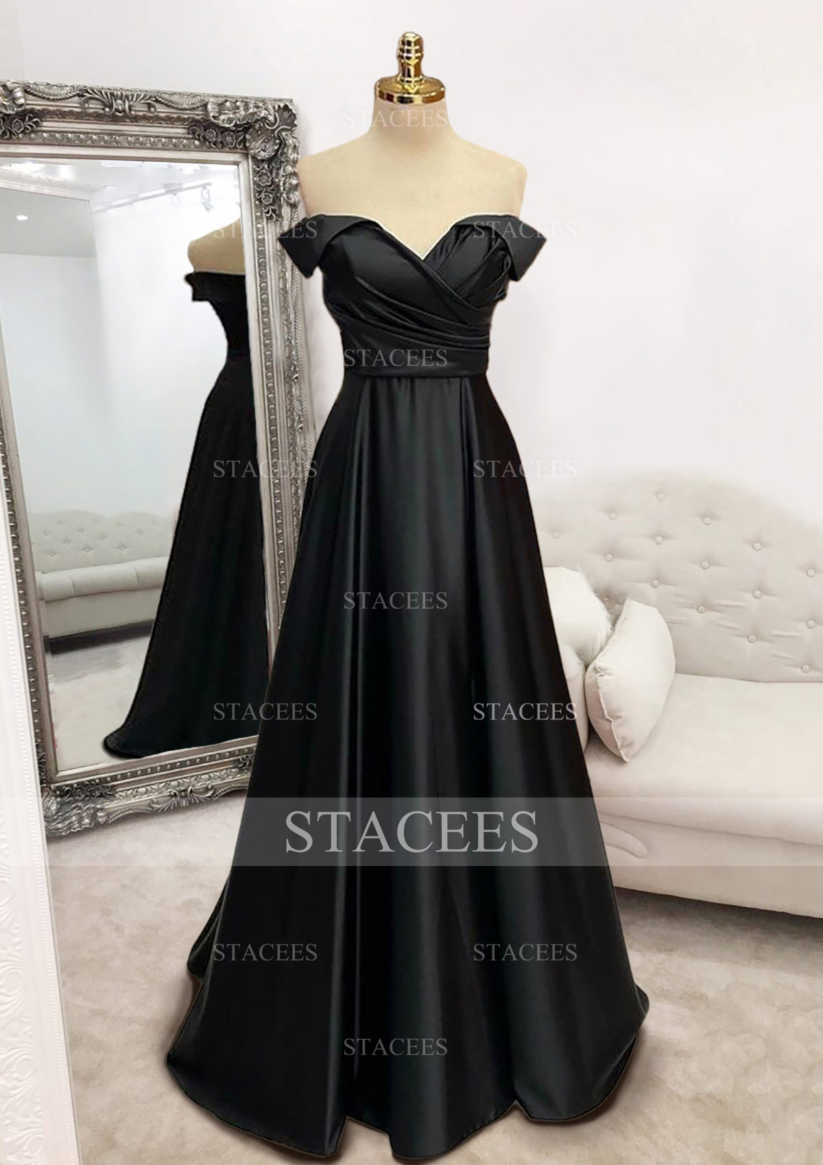 Black A-line Off-the-Shoulder Sleeveless Long/Floor-Length Satin Prom Dress With Pleated - STACEES