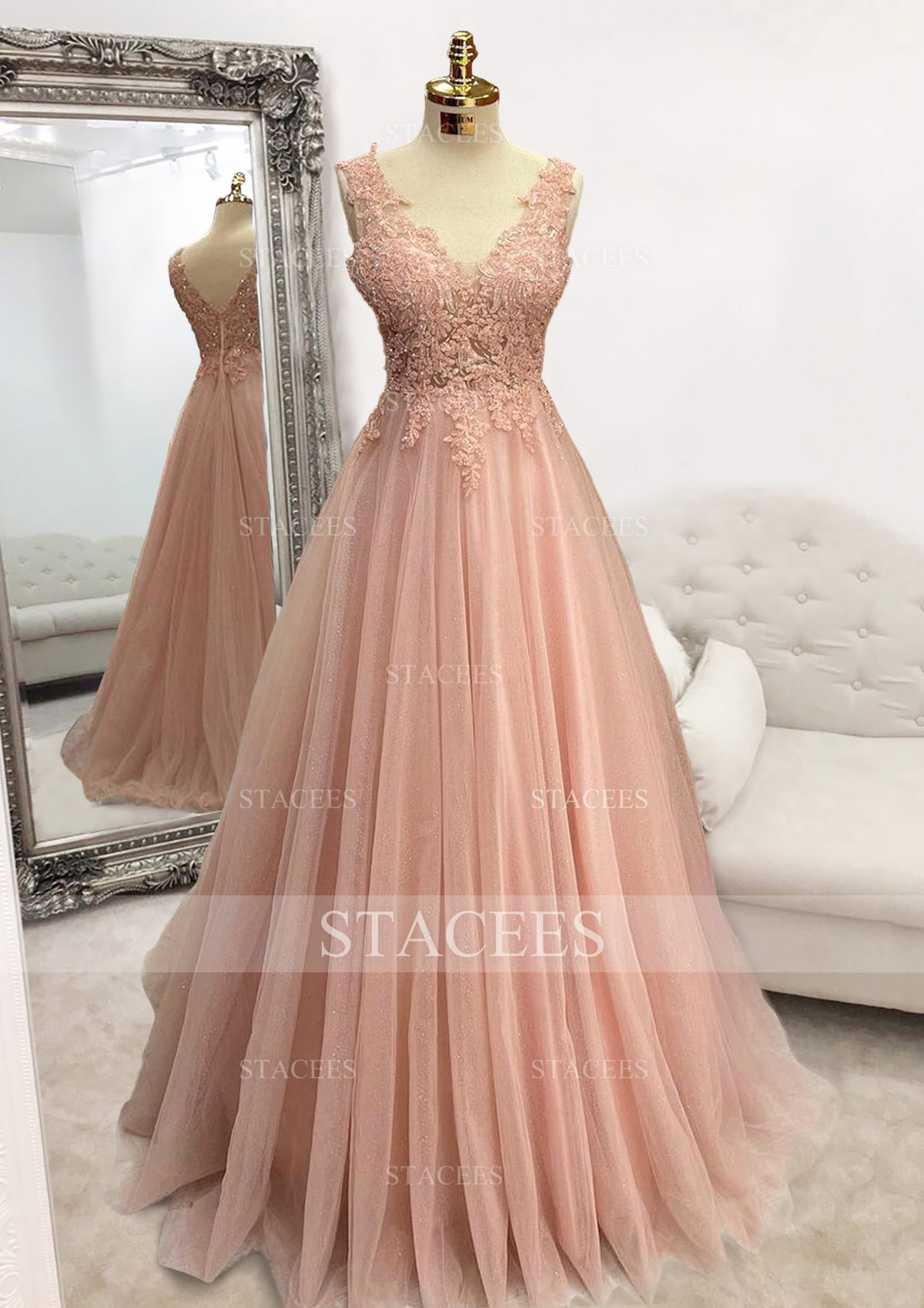 Pearl Pink A-line V Neck Sleeveless Long/Floor-Length Tulle Glitter Prom Dress With Appliqued Beading - STACEES