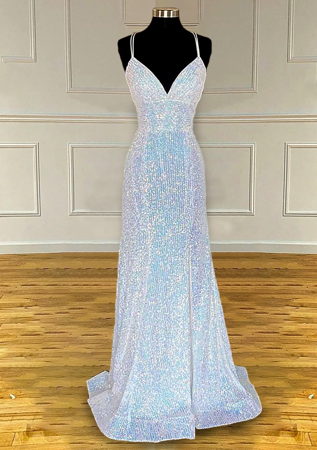 Sheath/Column V Neck Spaghetti Straps Sweep Train Sequined Prom Dress With Pleated