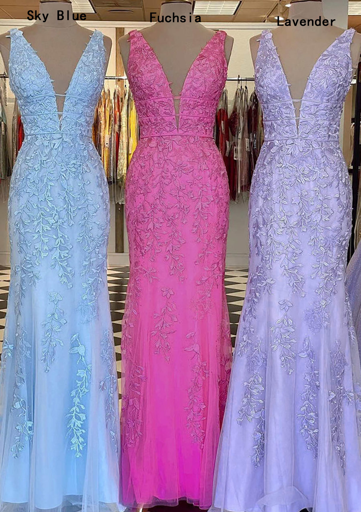 Fuchsia Sheath/Column V Neck Sleeveless Lace Tulle Long/Floor-Length Prom Dress With Beading - STACEES