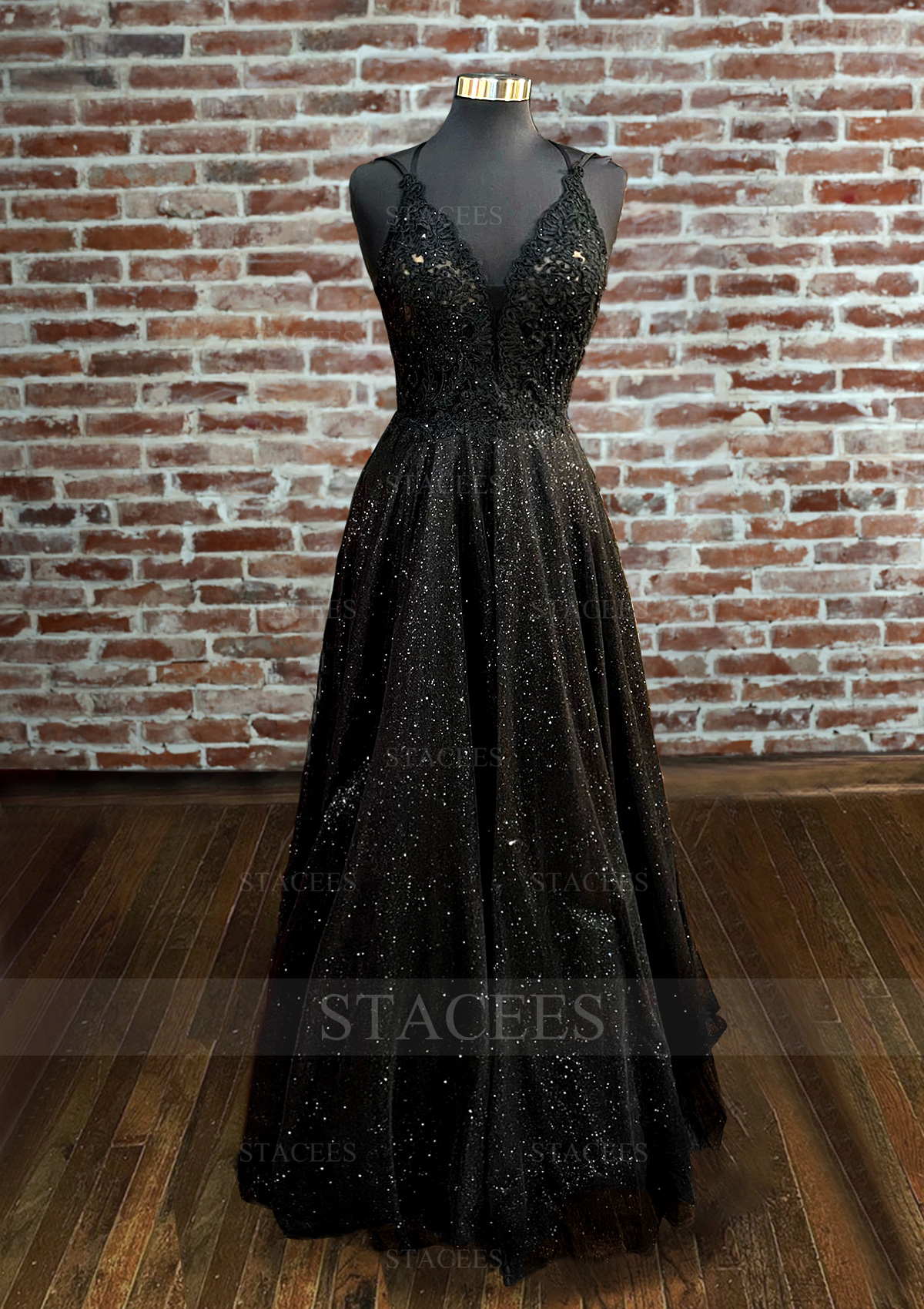 Noir Robe trapèze col en v tulle longueur ras du sol robe de bal avec perle - STACEES