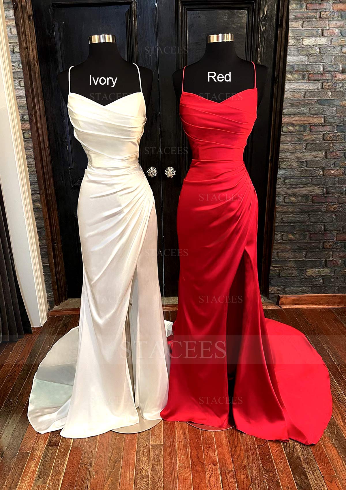 Sheath/Column V Neck Spaghetti Straps Sweep Train Satin Prom Dress With Pleated Split