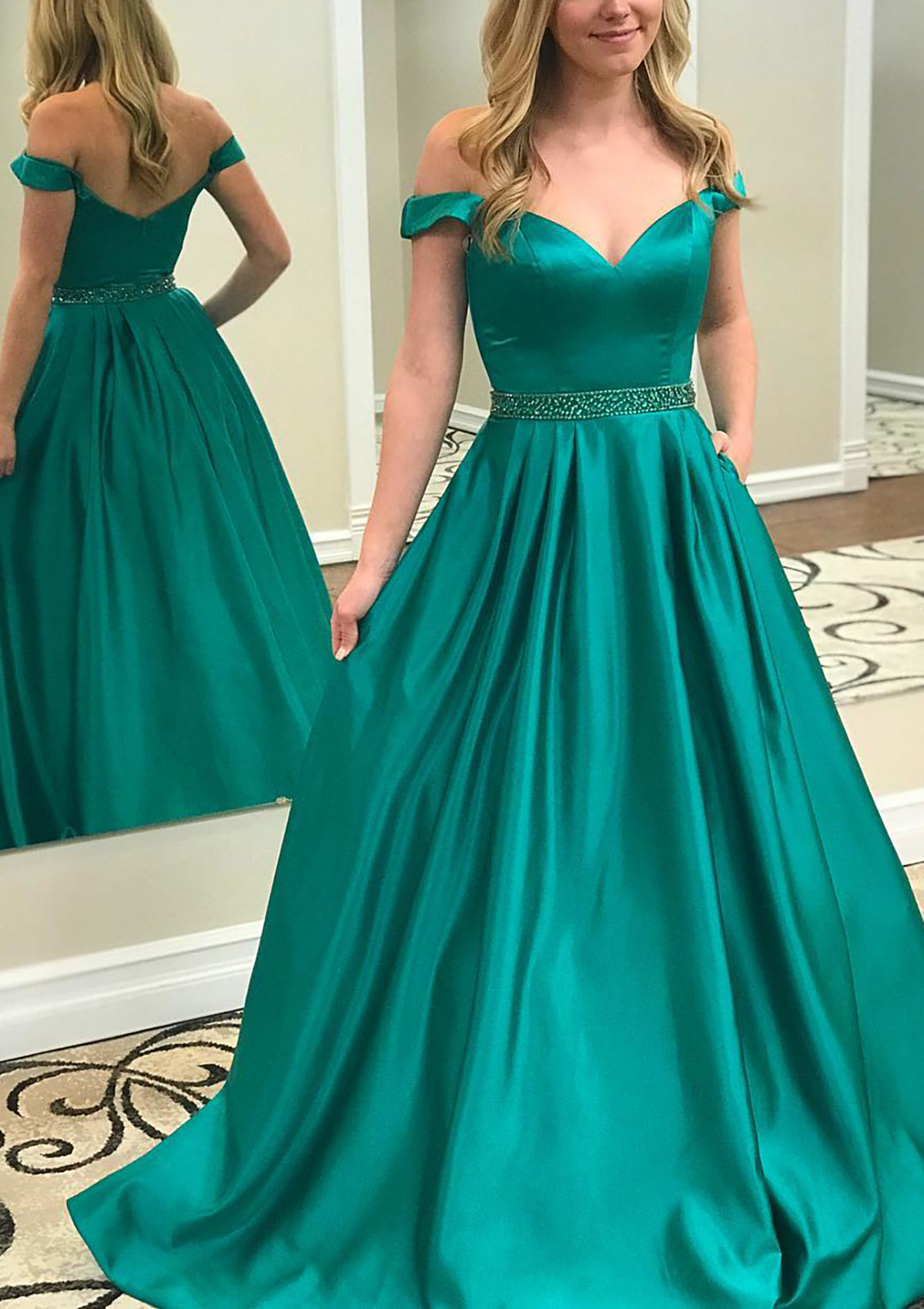 Teal A-line Off-the-Shoulder Regular Straps Sweep Train Prom Dress With Beading Pockets - STACEES