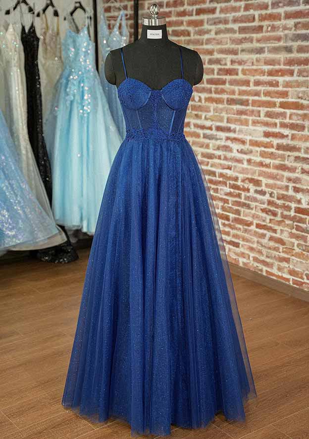 A-line Long/Floor-Length Spaghetti Straps Tulle Prom Dress With Appliqued Glitter