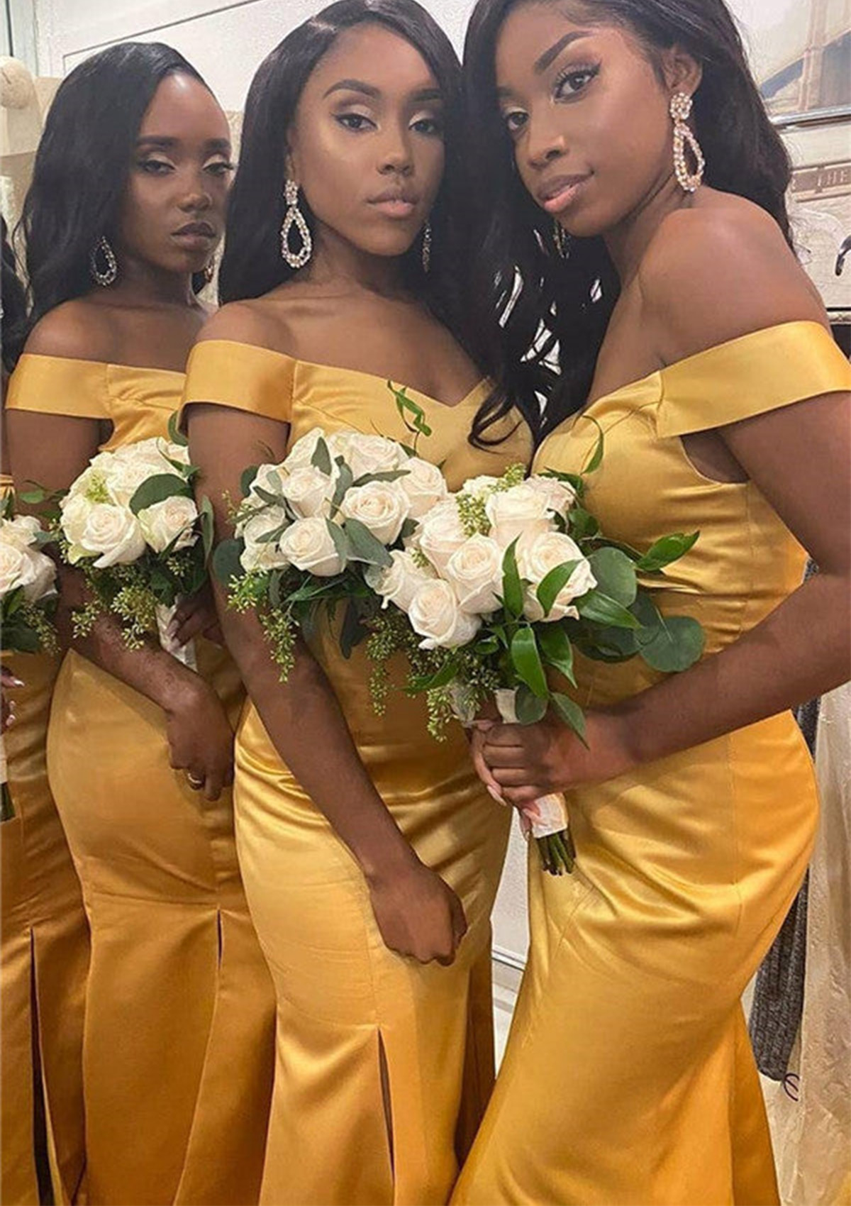 Gold Trumpet/Mermaid Off-the-Shoulder Long/Floor-Length Charmeuse Bridesmaid Dress With Pleated Split - STACEES