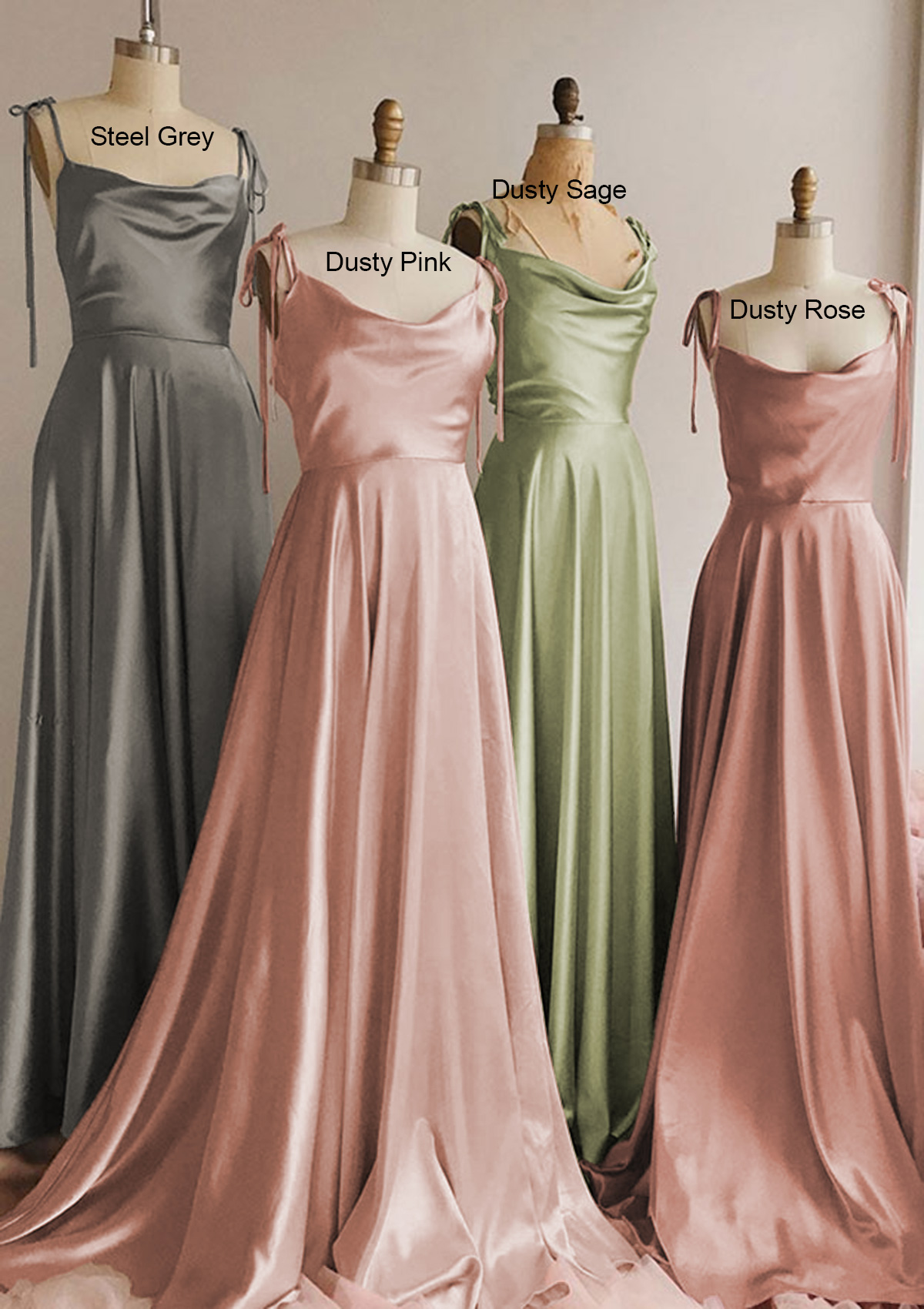 Dusty Pink A-line Cowl Neck Spaghetti Straps Long/Floor-Length Charmeuse Bridesmaid Dress With Split