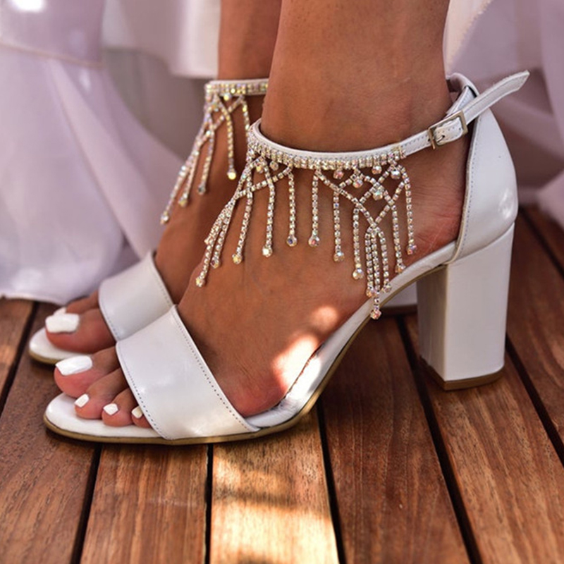 Blanc PU talons peep toe sandales talon bottier chaussures de mariage avec strass - STACEES
