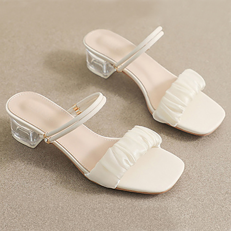 Microfiber Leather Peep Toe Sandals Chunky Heel Outdoor Fashion Shoes With Crystal Heel