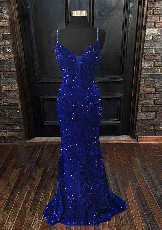 Trumpet/Mermaid V Neck Sleeveless Sweep Train Velvet Sequins Prom Dress 