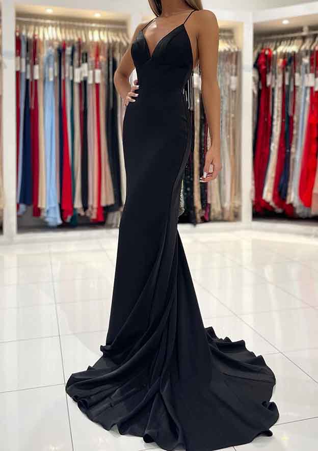 Trumpet/Mermaid V Neck Sweep Train Sleeveless Elastic Satin Prom Dress