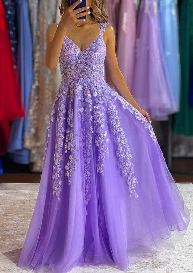 A-line V Neck Sleeveless Long/Floor-Length Tulle Prom Dress with Appliqued Beading