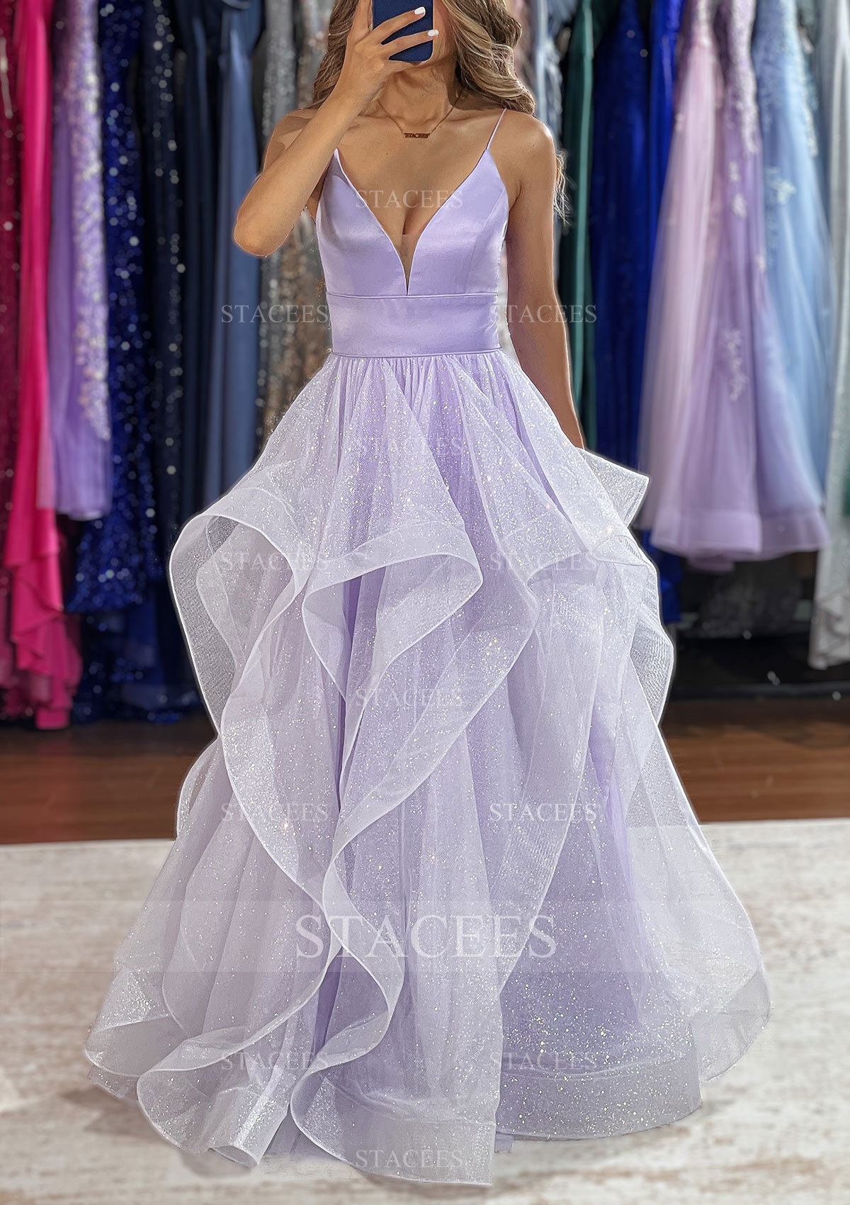 Robe trapèze col en v tulle ras du sol robe de bal