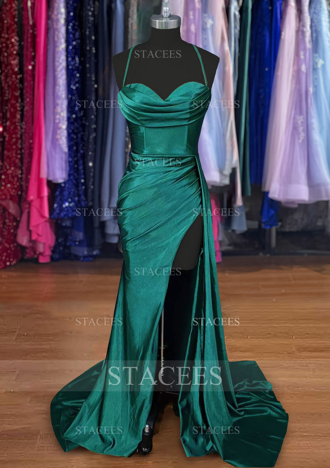 Dark Green A-line Sweetheart Spaghetti Straps Sweep Train Silk like Satin Ruched Prom Dress