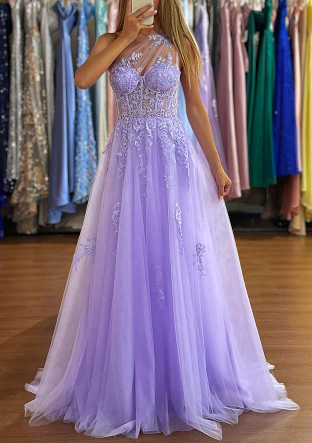 A-line One-Shoulder Sleeveless Sweep Train Tulle Prom Dress with Appliqued