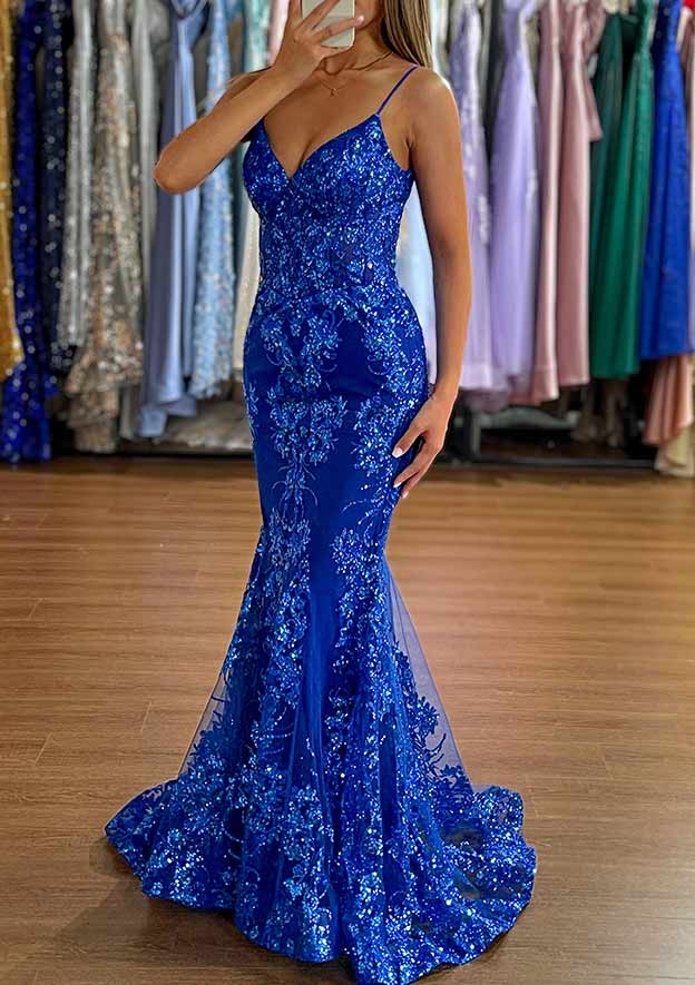 Trumpet/Mermaid V Neck Sleeveless Sweep Train Tulle Prom Dress with Appliqued Glitter