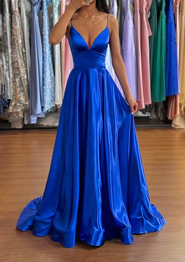a-line princess prom dresses luxurious sweep train v-neck sleeveless A-line V Neck Sleeveless Sweep Train Satin Prom Dress