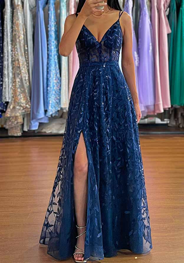 A-line V Neck Sleeveless Long/Floor-Length Tulle Prom Dress with Sequins Split