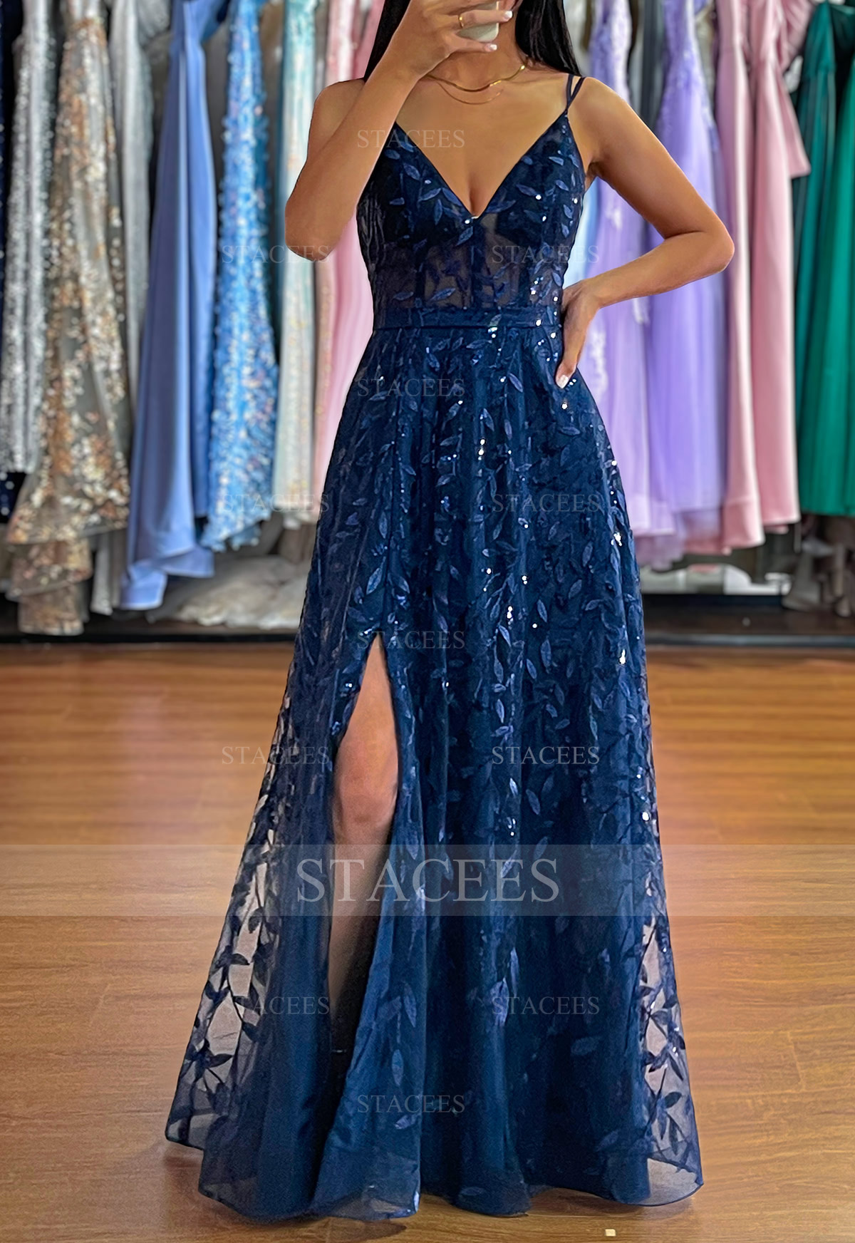 dark blue v neck prom dress A-line V Neck Sleeveless Long/Floor-Length Tulle Prom Dress with Sequins  Split - Prom Dresses
