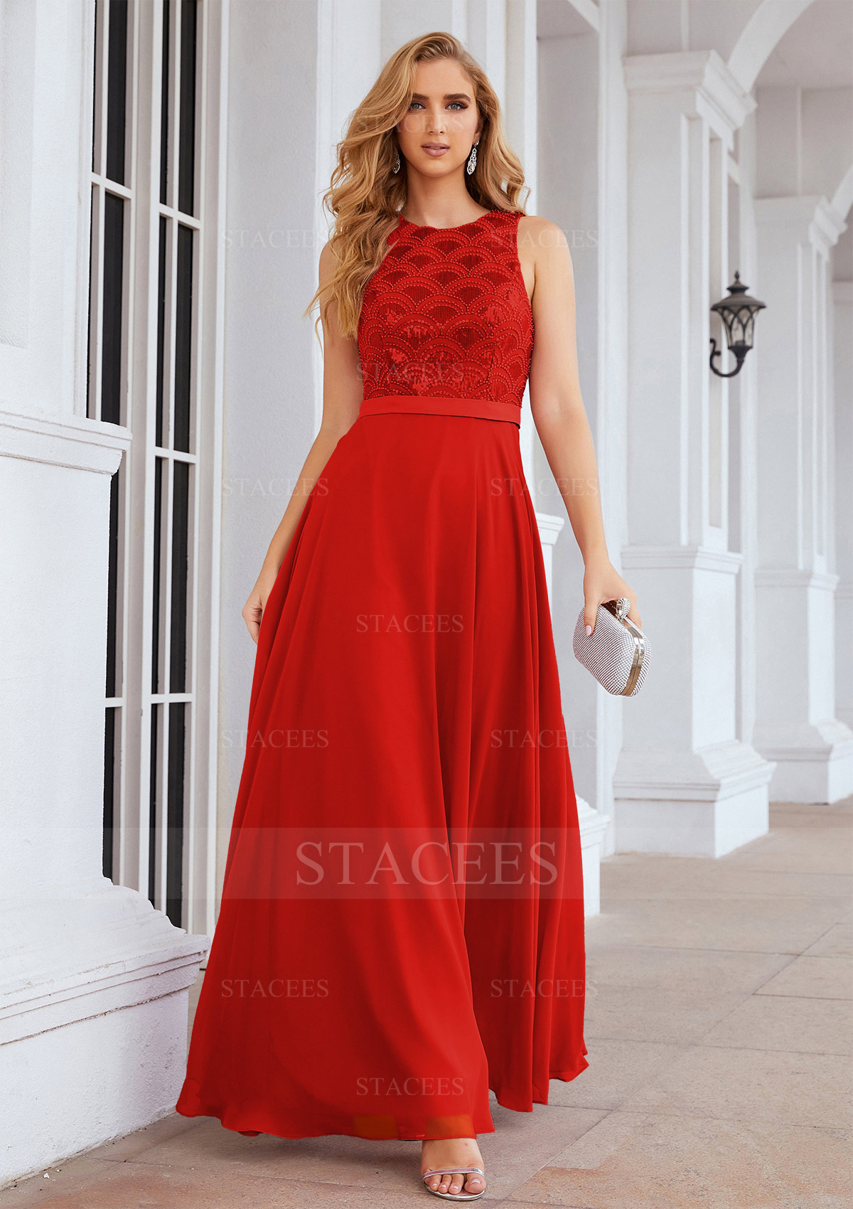 Robe trapeze empire col festonne mousseline longueur ras du sol robe de demoiselle d'honneur