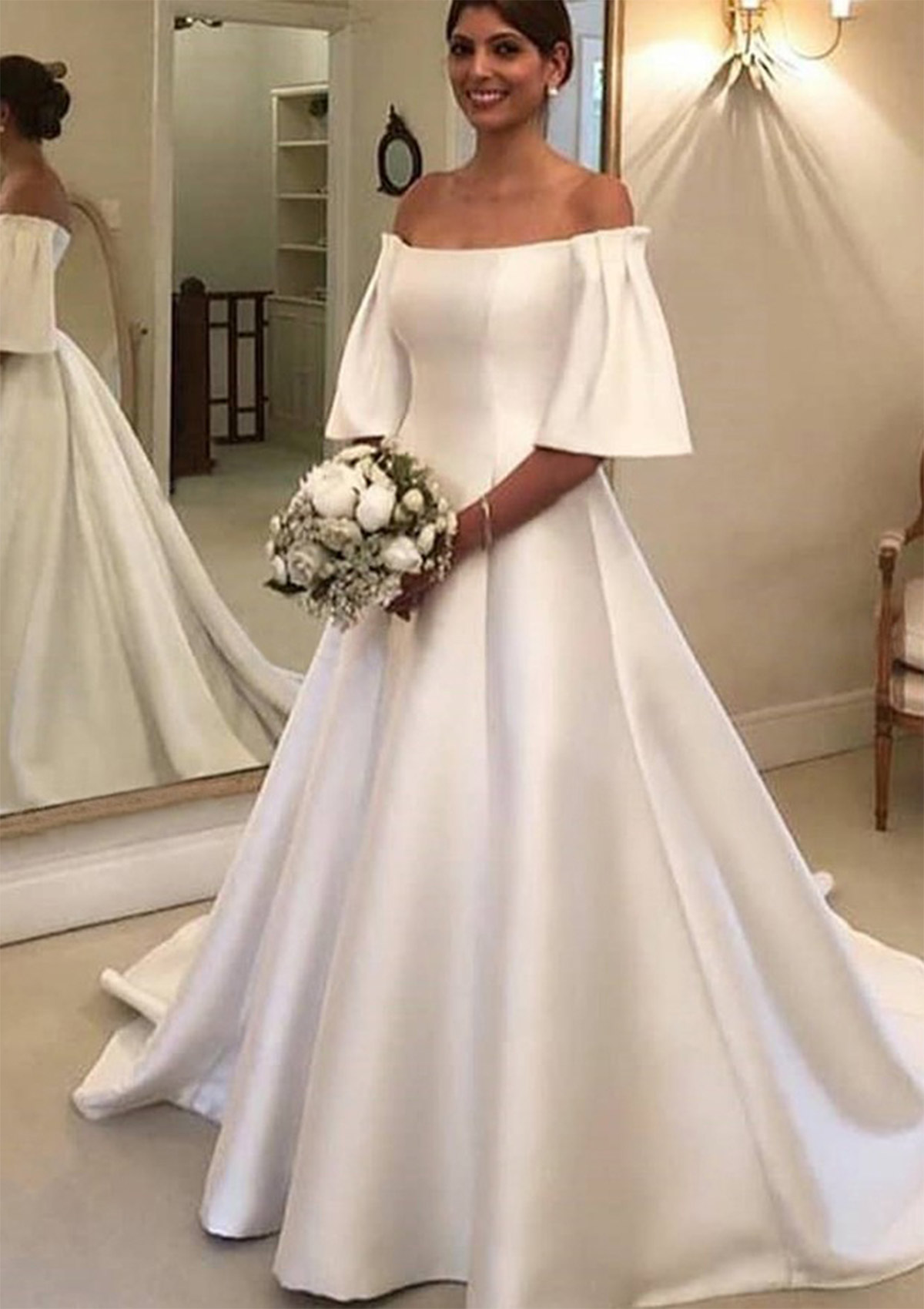 Ivory A-line Princess Chapel Train Satin Wedding Dress with Split - STACEES