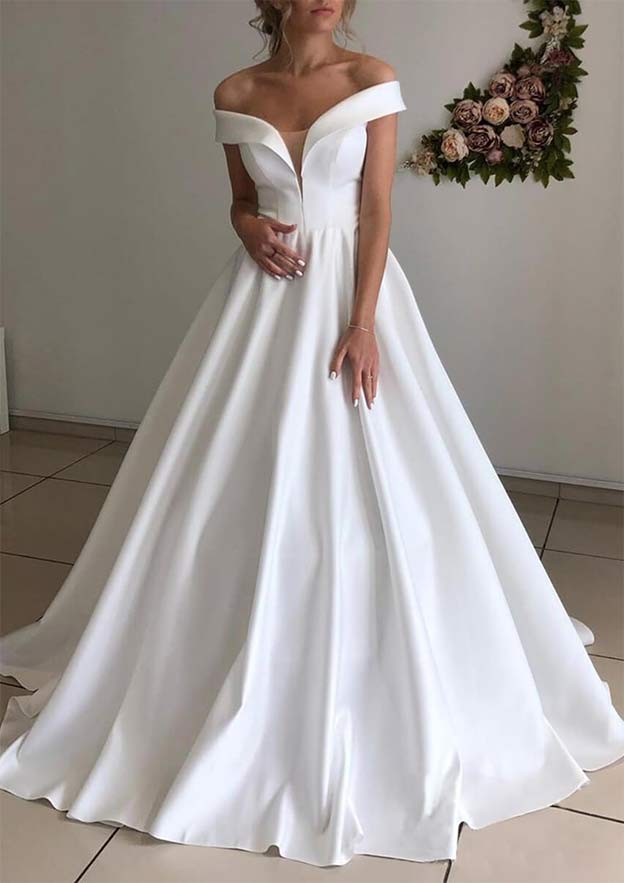 A-line Princess Off-the-Shoulder Sweep Train Satin Wedding Dress