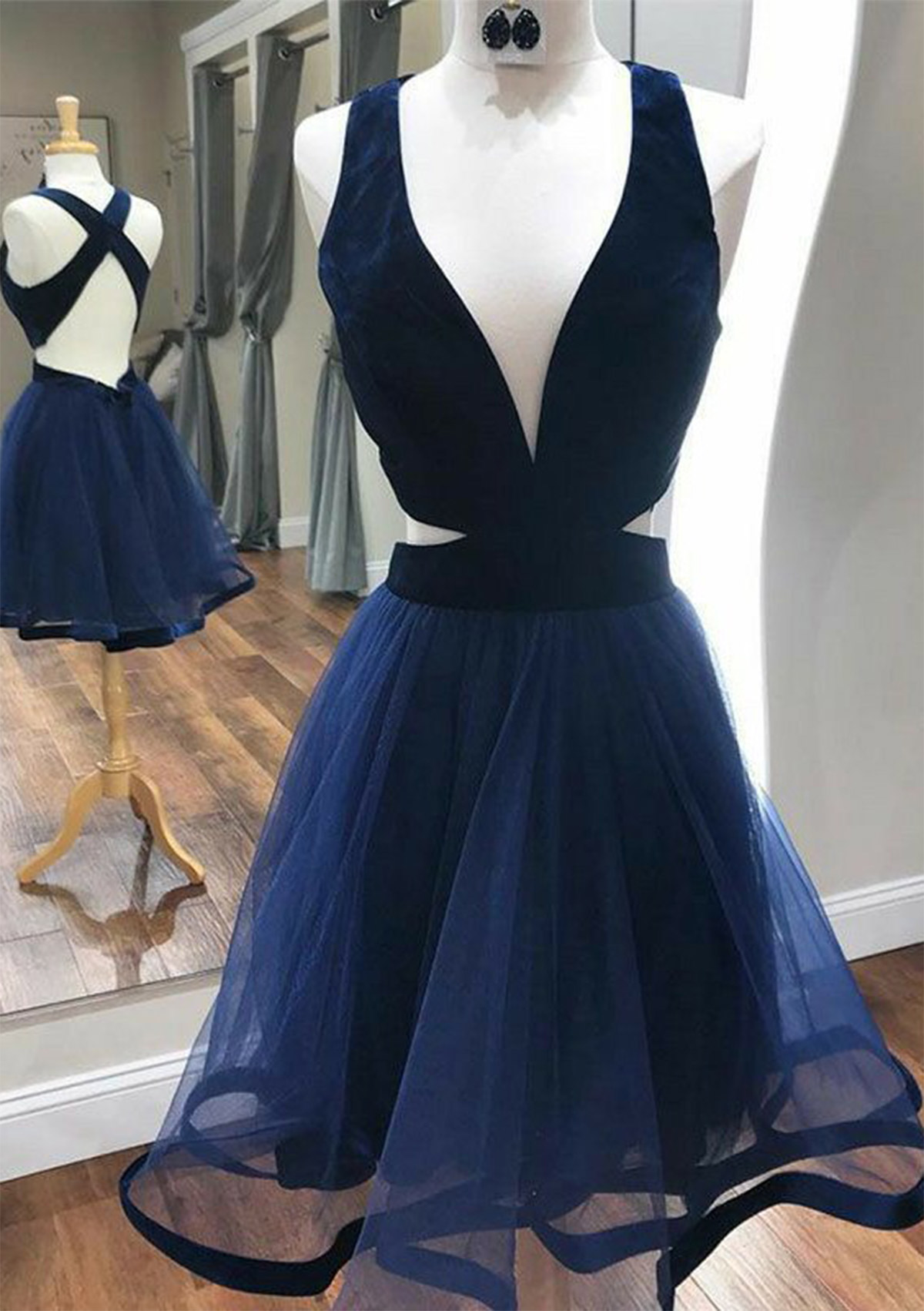 Dark Navy A-line V Neck Sleeveless Short/Mini Tulle Homecoming Dress - STACEES