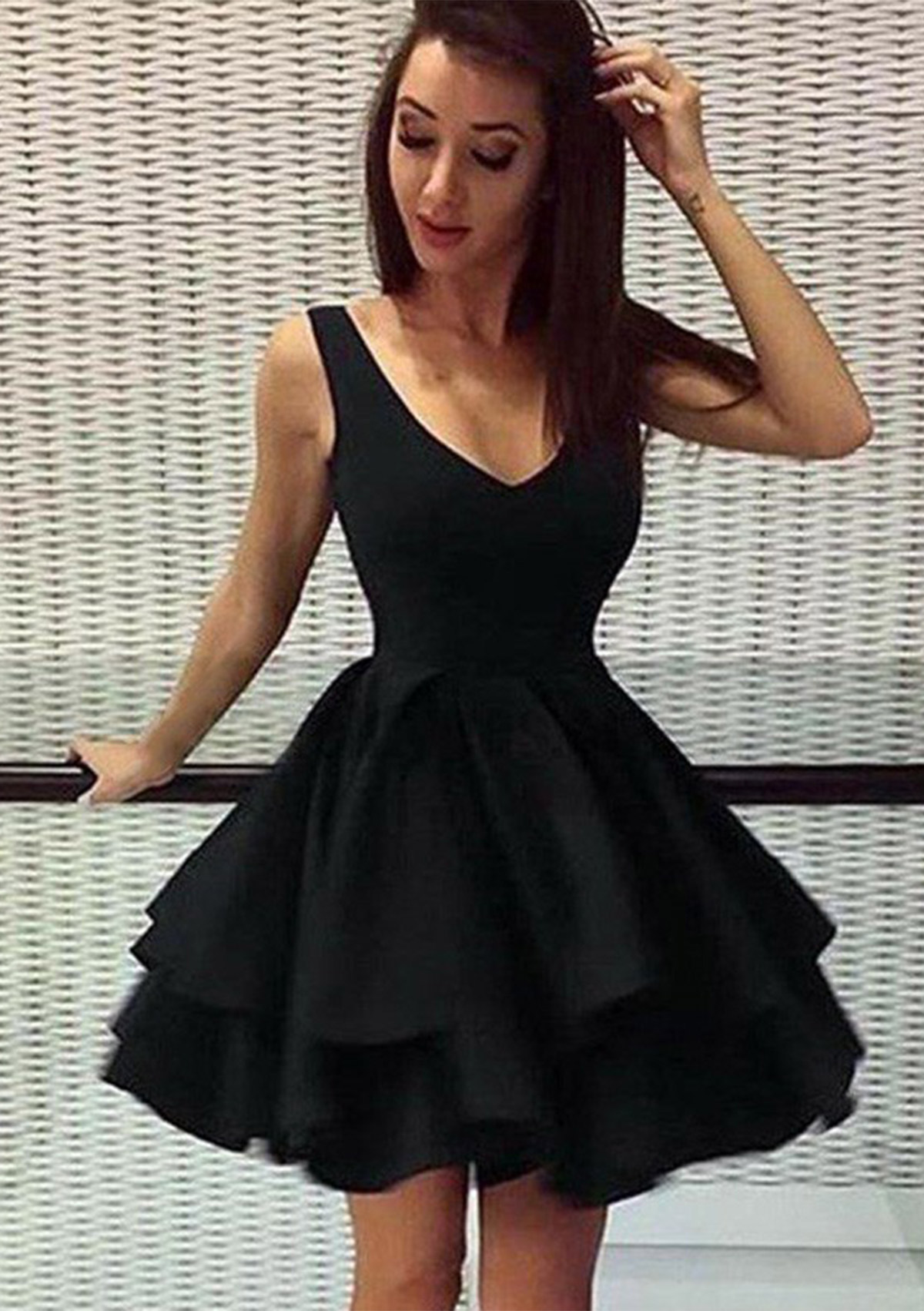 short v neck black dress Short Sleeve V-Neck Dress, Black, Size 2